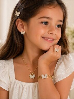 Kids Gold Butterfly Jewelry Set - Necklace, Bracelet, Ring & earrings